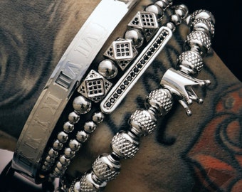 Men Silver Bracelet Set, Mens bracelet, Bracelets for men, Stainless Steel, Free Tracked Shipping, Gift for him, 4 Piece Set, Silver Set