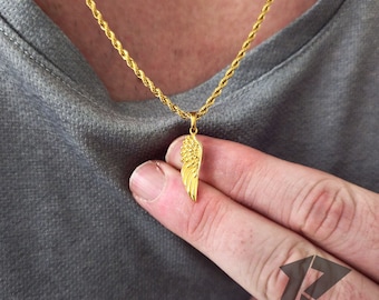Colgante de ala de oro de 18 quilates, colgante de ala de ángel de oro de 18 quilates para hombre, collar para hombre, acero inoxidable, envío con seguimiento gratuito, regalo para él, protección