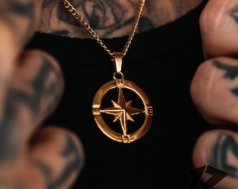 18K Gold Kompass Halskette, Reise Halskette, Kompass Edelstahl, Kostenloser Versand mit Sendungsverfolgung, Geschenk für Ihn, Kette Anhänger, Herren Halskette,