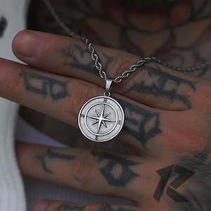 Silver North Star Compass Necklace, Mens Necklace, Silver Necklace, North Star Compass Necklace for Men, Gift for Him, Travel Necklace,