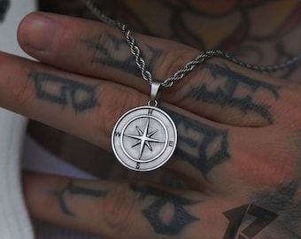 Silver North Star Compass Necklace, Mens Necklace, Silver Necklace, North Star Compass Necklace for Men, Gift for Him, Travel Necklace,