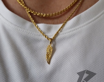 Juego de colgante de ala de oro de 18 quilates, colgante de oro para hombre, collar para hombre, acero inoxidable, envío con seguimiento gratuito, regalo para él, ala de ángel de la guarda,