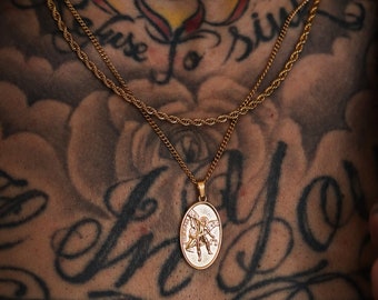 18K Gold St. Michael 2pc Necklace Set, St Michael Pendant, Mens Christian Jewelry, St Michael Jewelry, Religious Gift For Men