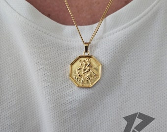 Collar de San Cristóbal de oro de 18 quilates, regalo de collar de San Cristóbal, colgante de San Cristóbal, regalos de viaje, collar para hombre, regalo para él,