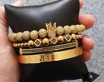 Gold Bracelet Set, Mens bracelet, Men Gold Bracelet, Stainless Steel, Free Tracked Shipping, Gift for him, 4 Piece Set, Beaded,