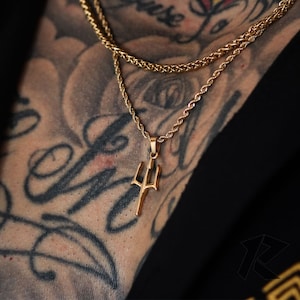 Poseidon Trident Spear 2pc Necklace Set. Man Pendant Chain Mens Trident Necklace Gold Man Pendant Poseidon Trident Necklace For Men,