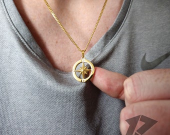 18K Gold North Star Necklace, Travel Necklace, Compass Stainless Steel, Free Tracked Shipping, Gift for him, Chain & Pendant, Mens Necklace,