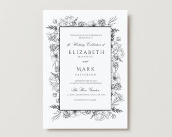 Black and White Wedding Invitation - Line Flower - Simple Wedding - Classic - Minimal Wedding- Elegant TEMPLATE INSTANT DOWNLOAD