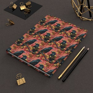 Gothic Ravens Grimoire, Spell Book Hardcover Journal, Goth Love Black & Red Full Wrap Matte Finish Manifestation Notebook, Dark Academia