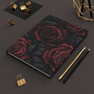 Gothic Dark Rose Grimoire, Spell Book Hardcover Journal, Black & Red Flowers Full Wrap Matte Finish Manifestation Notebook, Dark Academia