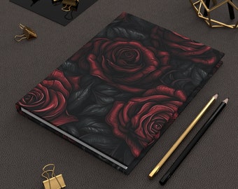 Gothic Dark Rose Grimoire, Spell Book Hardcover Journal, Black & Red Flowers Full Wrap Matte Finish Manifestation Notebook, Dark Academia