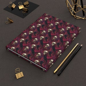 Gothic Raven & Skull Notebook, Spell Book Hardcover Journal, Magenta Toile Full Wrap Matte Finish Manifestation Grimoire, Dark Academia