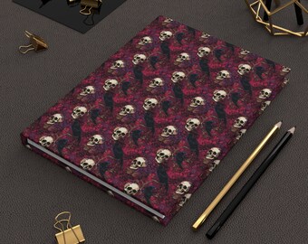 Gothic Raven & Skull Notebook, Spell Book Hardcover Journal, Magenta Toile Full Wrap Matte Finish Manifestation Grimoire, Dark Academia