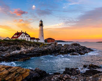 Portland Maine Lighthouse Sunset Print – Coastal Wall Art, Nautical Photography, Ocean Landscape Photo, Seascape Decor, New England Home Art
