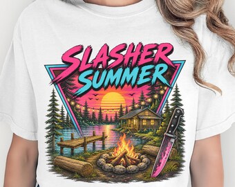 Slasher Summer Shirt, Retro Horror Camp Tee, 80s Halloween, Summerween Shirt, Spooky Lake Cabin T-Shirt, Comfort Colors® Halloween Tee