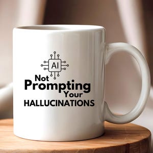 May include: White ceramic mug with the text "Not Prompting Your Hallucinations" in black. The mug features an AI chip graphic. The mug is on a wooden surface.