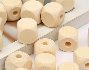 60Pcs 10/12/14mm Extra Large Wooden Beads For Jewelry making, Natural Solid Wood Macrame Beads Large Hole 3 to 5mm, Bulk Cube Beads Lot