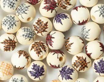 20Pc 16mm Maple Leaf Printed Wooden Beads For Jewelry Making, Wood Macrame Beads Large Hole 4mm, Round Painted Beads Fall Themed