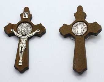 1/10Pc 60mm Large Wooden Cross Pendant For Necklace, Christian Jewelry Making Accessories, Bulk Solid Wood And Alloy Charm For Rosary DIY