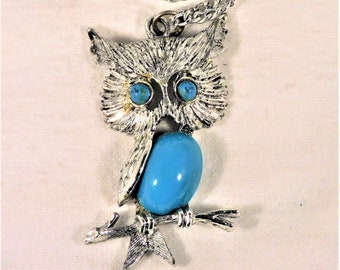 Vintage Owl Pendant Necklace Silver Toned Metal Chain & Owl Body Round Faux Turquoise Eyes Oval Belly 22" Chain 2" Owl -N12
