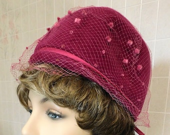 Vintage Raspberry Pink Felt Cloche Hat: Net Covered MCM Millinery