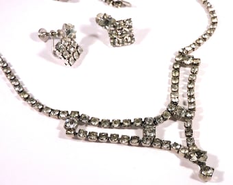 Vintage Rhinestone Choker Necklace & Earring Set: Mid Century Costume Jewelry -J21