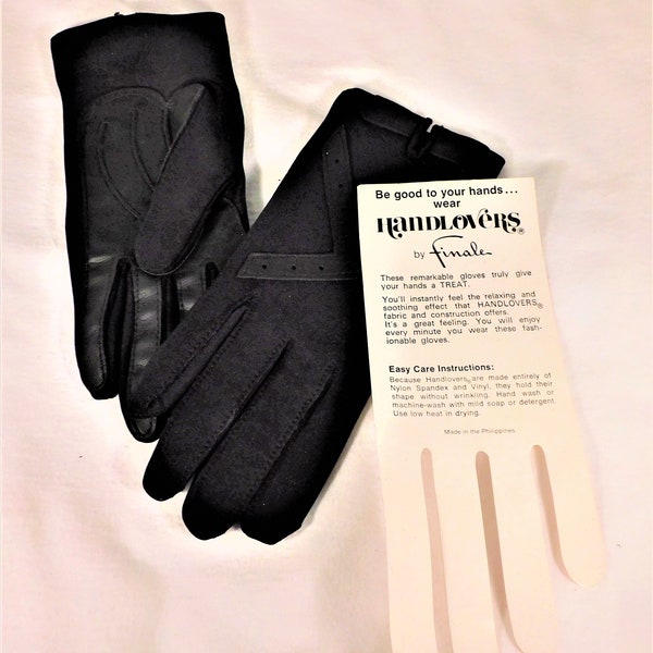 Vintage Handlovers by Finale Black Ladies Gloves Fabric & Vinyl Size Medium Unworn Wrist Length