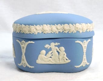 Vintage Wedgewood England Trinket Box A Blue & White Jasperware Domed Lid Kidney Shaped White Cupid Scenes Vanity Dresser Bedroom Use