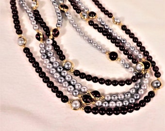Vintage 2 Beaded Chain Necklaces: Silver & Purple Red, Gold Accents, 36" Long -N15