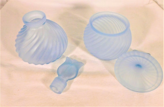 Vintage 6 Pc Dresser Set Blue Frosted Glass Swirl… - image 6