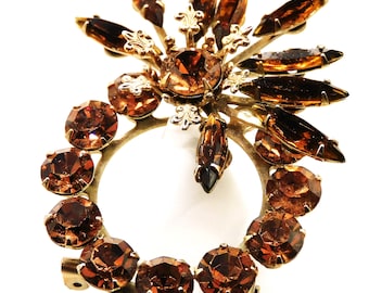 Vintage Rhinestone Flower Brooch: Brown & Orange Glass Stone, Gold Tone -Br47