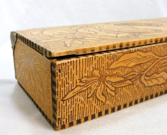 Antique Pyrography Wood Trinket Glove Box & 2 Pai… - image 7