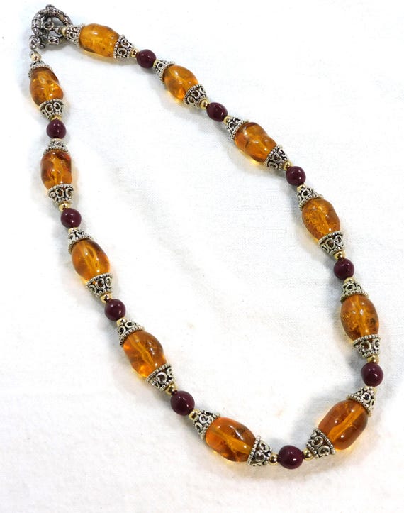 Vintage Dark Yellow Plastic Bead Necklace: Silver Tone Filigree Caps -N71