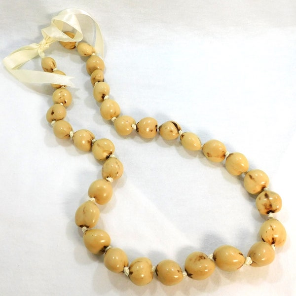 Hawaiian Polished KuKui Nut Necklace Lei Beige & Brown White Ribbon Tie 31" Long Vintage Island Polynesian Jewelry