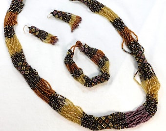 Vintage Beaded Jewelry Set: Multistrand Necklace, Bracelet & Tassel Earrings J50