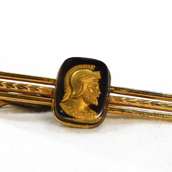 Hickok Signed Tie Clip Roman Bust Backed Black Plastic Gold Toned Metal Lobster Claw Clasp 2 3/8" Long Vintage Mens Jewelry -M4