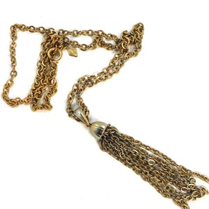 Sarah Coventry Signed Tassel Necklace Gold Toned Metal 26&quot; Long Chain 3.5&quot; Tassel Vintage Costume Jewelry -N47