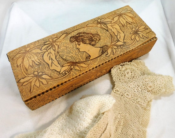 Antique Pyrography Wood Trinket Glove Box & 2 Pai… - image 1