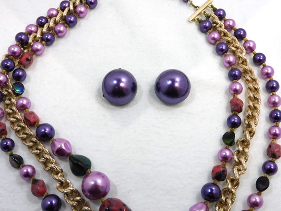 Vintage MCM 3 Strand Necklace & Clip Earring Set … - image 2