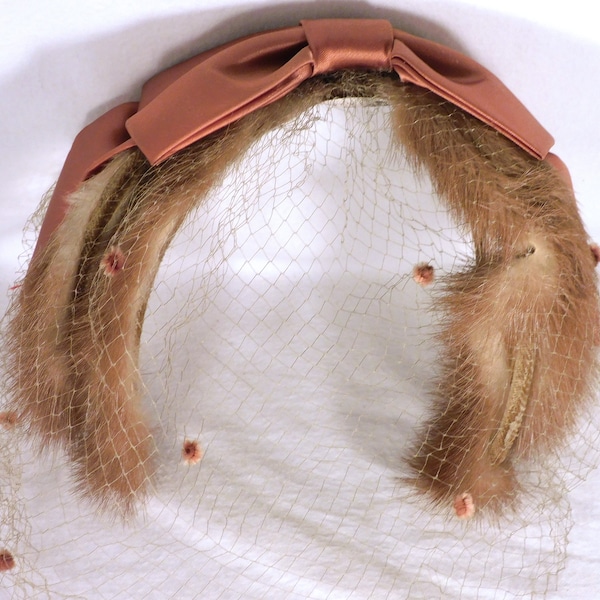 Vintage Head Band Style Hat Rust Colored Satin Bow Top Fur Sides Net Mid Century Millinery Collectible