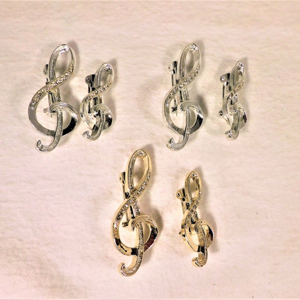 Vintage Lot 3 Sets Treble Clef Pins Gold & Silver Toned Metal with Clear Rhinestones 1.25"-1.75" Long Nice Music Lovers Dream -Br36