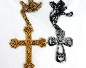 Vintage Cross Pendant Necklaces – Coventry Black Metallic & Gold-Toned Scrolled Cross-L1