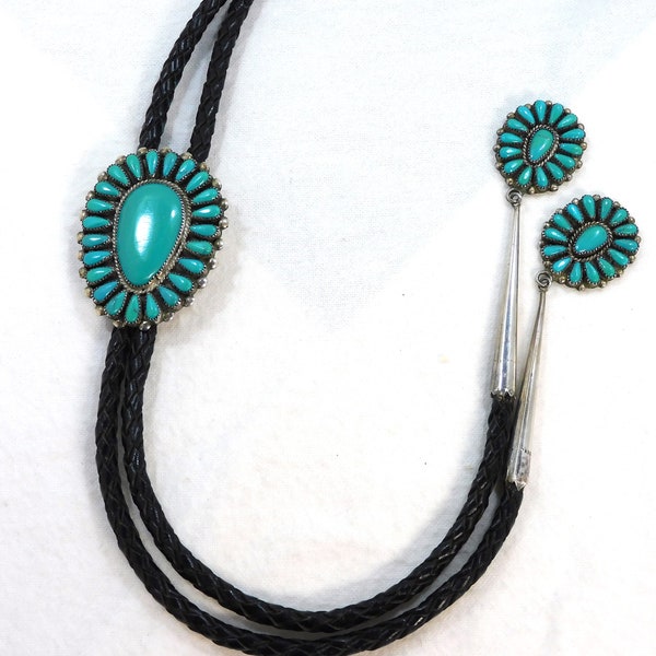 Vintage Navajo Bolo Tie Turquoise & Silver Oval Set Stones with Long Oval Tips Signed GES Old Pawn Native American Jewelry-S26