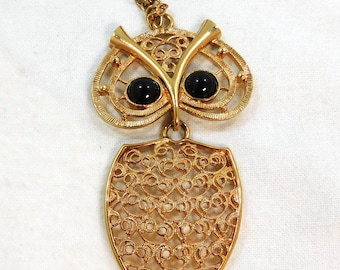Vintage Coventry Owl Necklace: Gold Toned Articulated Pendant, 1970s Costume Jewelry -N54