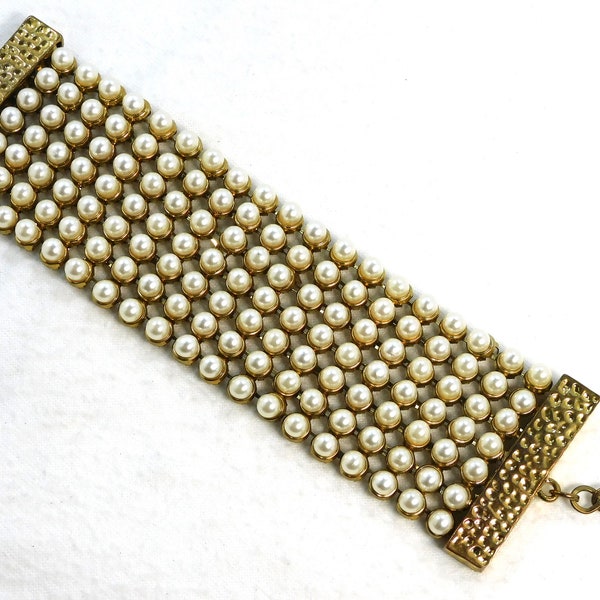 Faux Pearl Bracelet Gold Toned Heavy Metal Setting 7 Rows Wide 1.75"  Lobster Claw Clasp 9.5" Long Vintage Costume Jewelry -Ba20