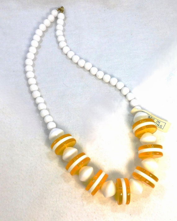 Hong Kong MCM Plastic Beaded 24" Necklace: White & Yellow Beaded Center -N97