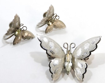 Vintage Butterfly Pin & Screw Back Earrings: Silver Toned Metal Set -J41