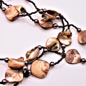 Vintage Brown Beaded Necklace: Mother of Pearl Triple Strand, 25&quot; -N25