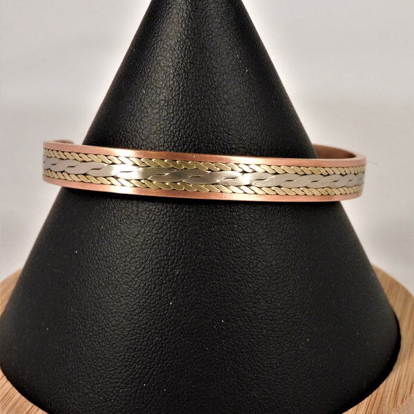 Copper Cuff Bracelet Silver & Gold Toned Metal Inserts Small Wrist 6 1/4" Vintage Southwestern Jewelry - Co2