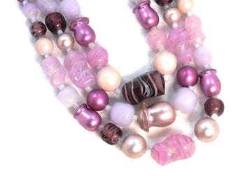 Vintage Japan Signed 3 Strand Beaded Necklace Purple & Pink Swirled Glass Dark PInk Rounds White Spacers 16&quot; Long Hook Closure